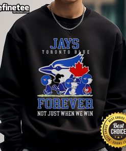 Charlie Brown and Snoopy on Toronto Blue Jays sweatshirt, celebrating baseball forever, not just when we win.