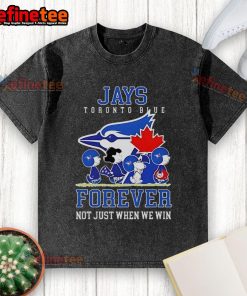 Official Peanuts Charlie Brown Snoopy Toronto Blue Jays baseball t-shirt featuring 'Forever, Not Just When We Win' design.