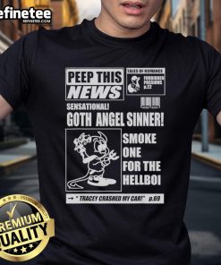 Official Peep The News Sensational Goth Angel T-Shirt featuring a striking goth angel graphic on a black background.