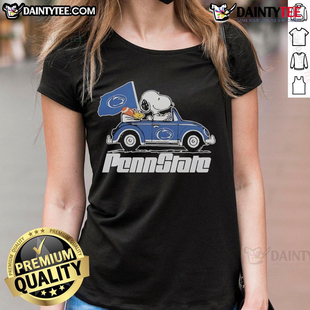Official Penn State Flag X Snoopy With Woodstock Driving A Car Ladies Tee