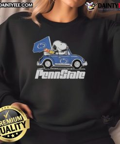 Alt Text: Official Penn State Flag sweatshirt featuring Snoopy and Woodstock driving a car, perfect for fans and casual wear.