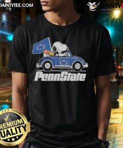 Official Penn State flag t-shirt featuring Snoopy and Woodstock driving a car, perfect for Penn State fans.