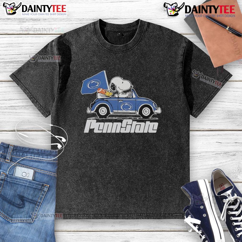 Official Penn State Flag X Snoopy With Woodstock Driving A Car Washed T Shirt