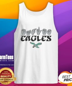 Official Philadelphia Eagles football youth tank top featuring love sign hand signals design, perfect for young fans.