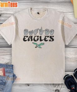 Youth in an Official Philadelphia Eagles Football t-shirt shows love with hand signals, celebrating their team spirit.