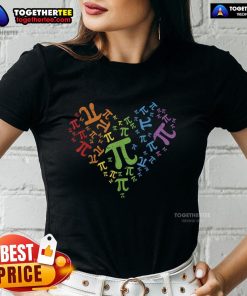 Rainbow heart design on Official Pi Day shirt for math lovers celebrating LGBT pride in a stylish ladies tee.