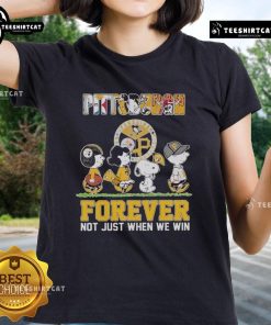 Alt Text: Official Pittsburgh Panthers ladies tee featuring Snoopy and friends with 'Forever, Not Just When We Win' slogan.