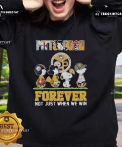 Official Pittsburgh Panthers sweatshirt featuring Snoopy and friends with 'Forever Not Just When We Win' slogan.