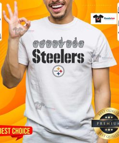 Alt Text: Youth wearing an Official Pittsburgh Steelers Football Homage T-shirt showcasing hand signals and team spirit.