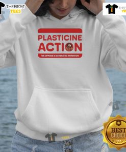 Official Plasticine Action hoodie featuring 'We Oppose AI Generated Animation' slogan in bold, vibrant colors.