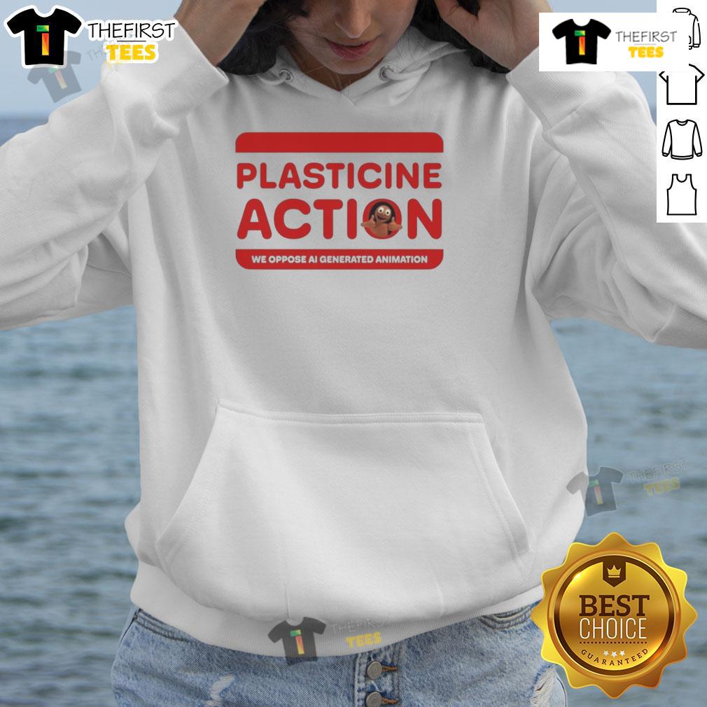 Official Plasticine Action We Oppose Ai Generated Animation Hoodie Official Plasticine Action hoodie featuring 'We Oppose AI Generated Animation' slogan in bold, vibrant colors.