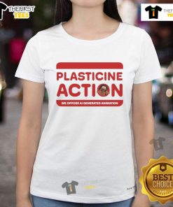 Official Plasticine Action We Oppose AI Generated Animation Ladies Tee showcasing a creative design and vibrant colors.