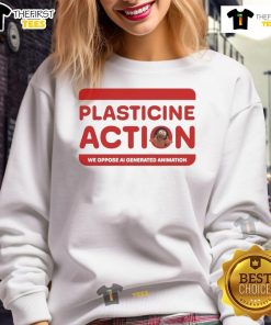 Official Plasticine Action 'We Oppose AI Generated Animation' sweatshirt featuring bold graphics and a stylish design.