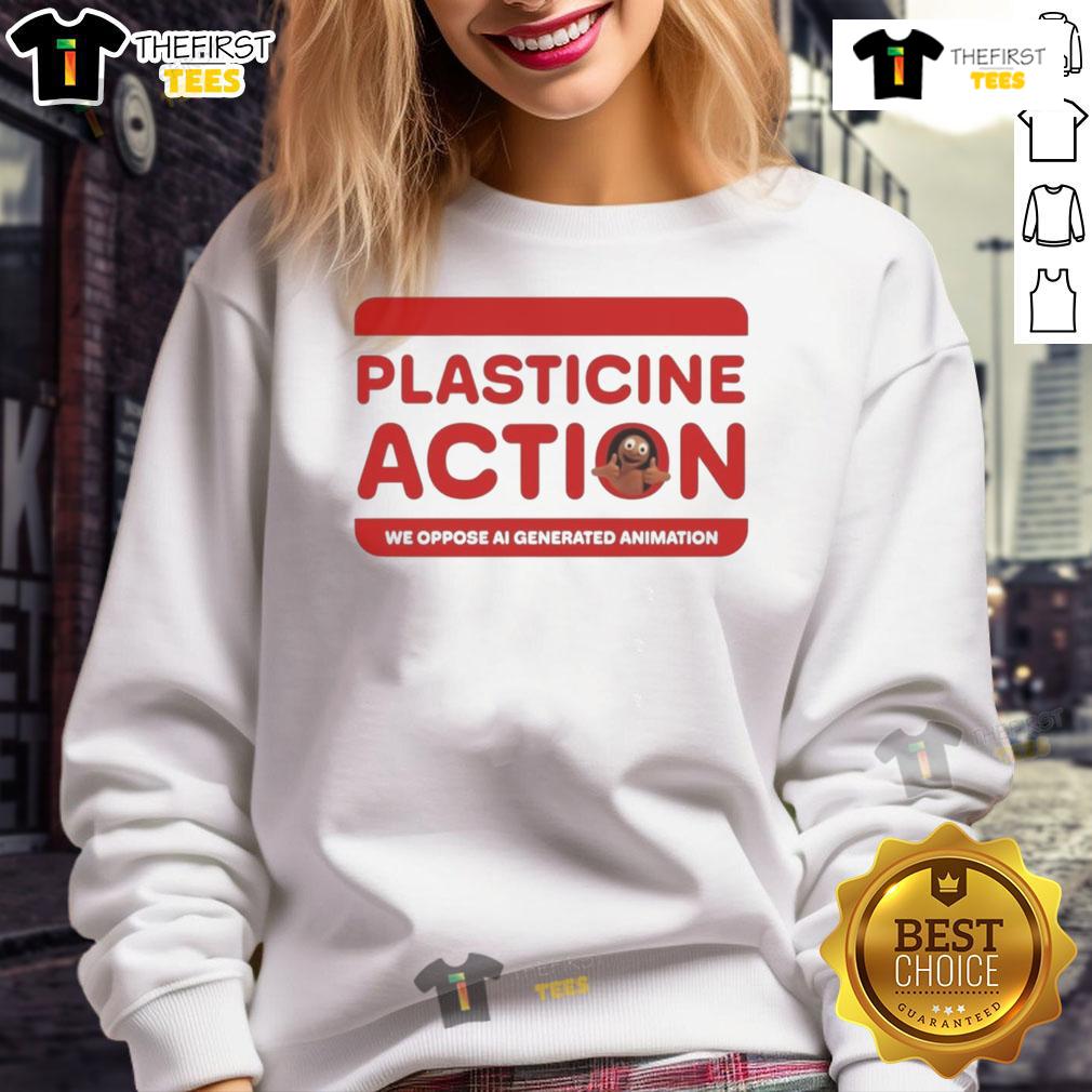 Official Plasticine Action We Oppose Ai Generated Animation Sweatshirt Official Plasticine Action 'We Oppose AI Generated Animation' sweatshirt featuring bold graphics and a stylish design.