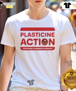 Official Plasticine Action We Oppose AI Generated Animation T-Shirt displayed on a hanger, showcasing a creative design.