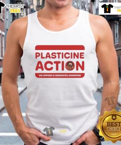 Official Plasticine Action We Oppose AI Generated Animation Tank Top featuring bold graphic design and vibrant colors.