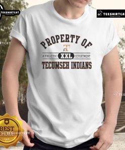 Alt Text: Official Property of Tecumseh Indians Athletic Department T-Shirt featuring logo and team colors for sports enthusiasts.