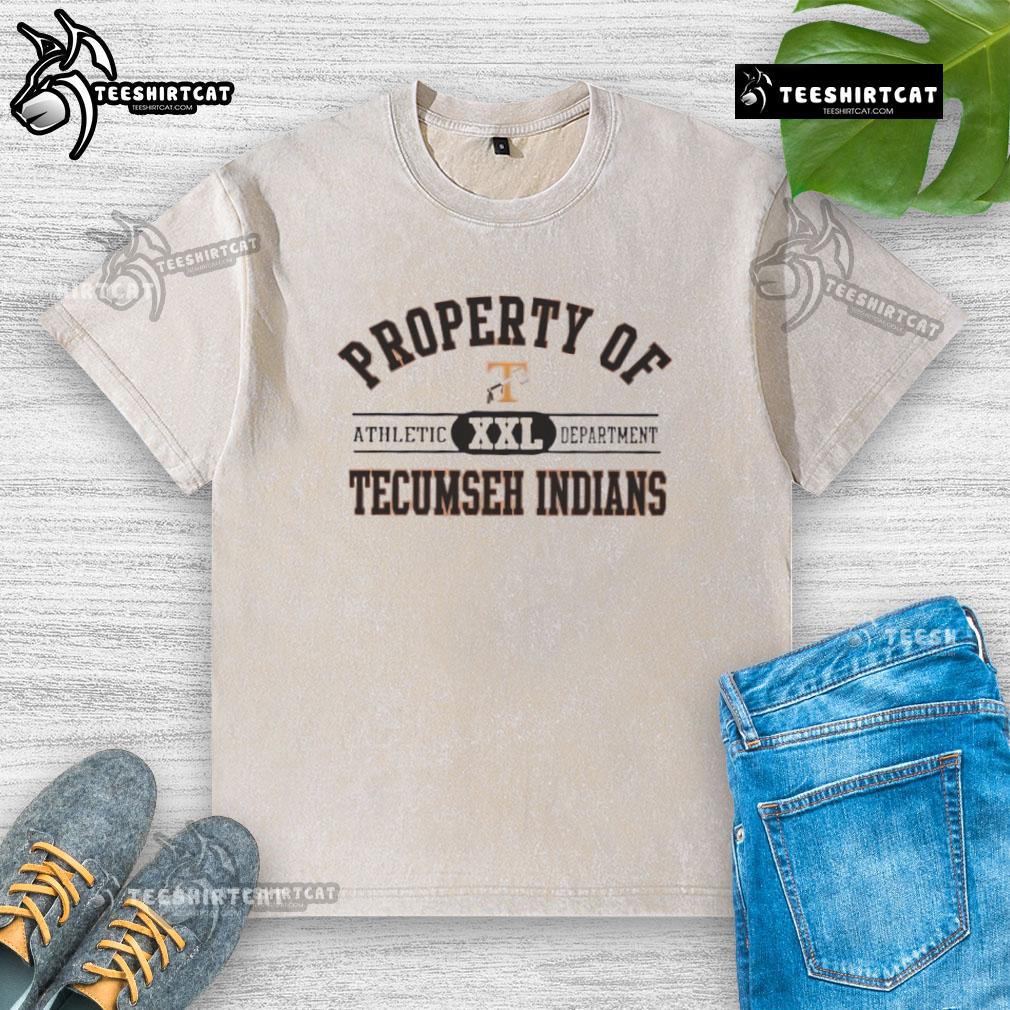 Official Property Of Tecumseh Indians Athletic Department Washed T Shirt Alt Text: Official Property of Tecumseh Indians Athletic Department washed t-shirt in navy blue, showcasing school pride and spirit.