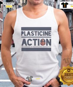 Official protester arrested wearing a tank top during a Plasticine action, highlighting environmental activism.