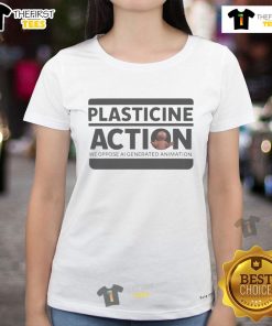 Official Protests Plasticine Action Ladies Tee featuring bold design and vibrant colors for eco-conscious fashion enthusiasts.