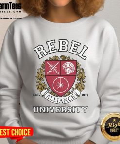 Official Rebel Alliance University Sweatshirt featuring logo and vibrant colors, perfect for fans of the Star Wars franchise.