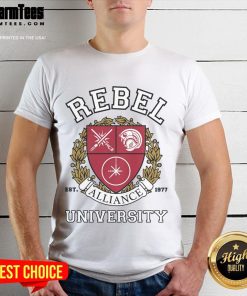 Alt Text: Official Rebel Alliance University T-Shirt featuring logo and design, perfect for fans of the Star Wars franchise.