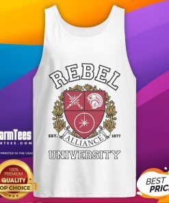 Official Rebel Alliance University tank top featuring a bold logo, perfect for fans of the Star Wars franchise.