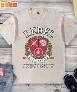 Alt Text: Official Rebel Alliance University washed t-shirt featuring a vintage design and comfortable fit for fans of Star Wars.