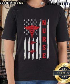 Official Red Nurse Caduceus with American Flag and ECG Heartbeat design on ladies tee shirt, perfect for healthcare professionals.