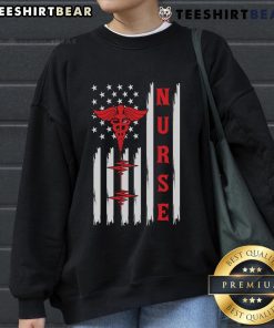 Alt Text: Official Red Nurse Caduceus sweatshirt featuring American flag and ECG heartbeat design, perfect for healthcare professionals.