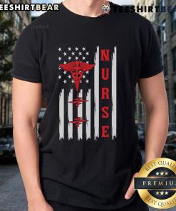 Official Red Nurse Caduceus with American Flag and ECG Heartbeat design on a T-Shirt for healthcare professionals.