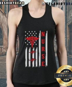 Official Red Nurse Caduceus tank top featuring American flag and ECG heartbeat design for healthcare professionals.