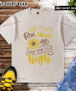 Official Rise Shine And Hold Your Head Sunflower Washed T-Shirt featuring a vibrant sunflower design on soft fabric.
