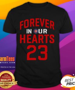 Alt Text: Official Ryne Sandberg Forever 23 In Our Hearts T-Shirt featuring a tribute design for the baseball legend.
