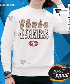 Official San Francisco 49ers Football sweatshirt featuring youth love sign hand signals design, perfect for young fans.