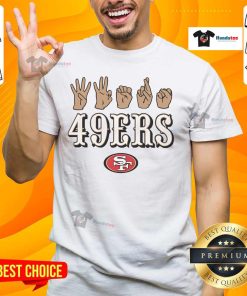 Official San Francisco 49ers Football Youth T-Shirt featuring love sign hand signals for fans and players.
