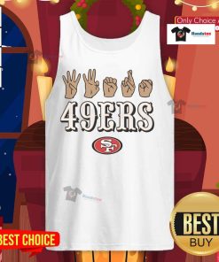 Alt Text: Youth wearing an Official San Francisco 49ers Football tank top, showcasing love sign hand signals, perfect for fans.