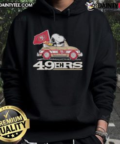 Alt Text: San Francisco 49ers X Snoopy hoodie featuring Woodstock driving a car, perfect for fans and casual wear.