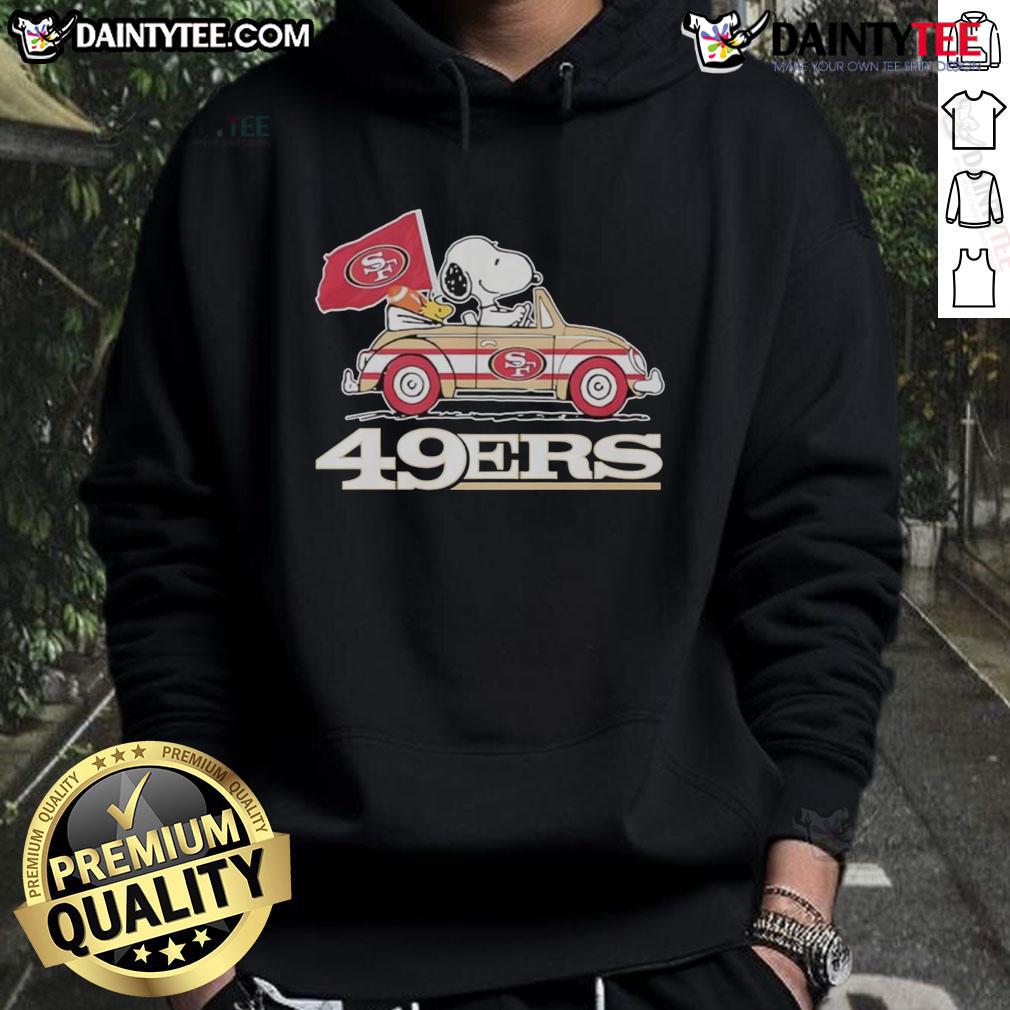 Official San Francisco 49Ers X Snoopy With Woodstock Driving A Car Hoodie Alt Text: San Francisco 49ers X Snoopy hoodie featuring Woodstock driving a car, perfect for fans and casual wear.