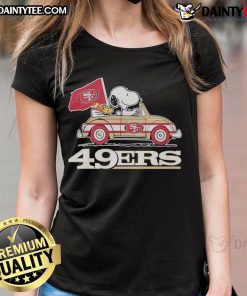 Official San Francisco 49ers x Snoopy with Woodstock driving a car on a ladies tee, perfect for football fans and fashion lovers.