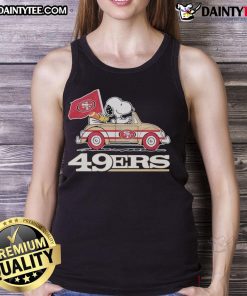 Alt Text: Official San Francisco 49ers X Snoopy tank top featuring Snoopy and Woodstock driving a car, perfect for fans.