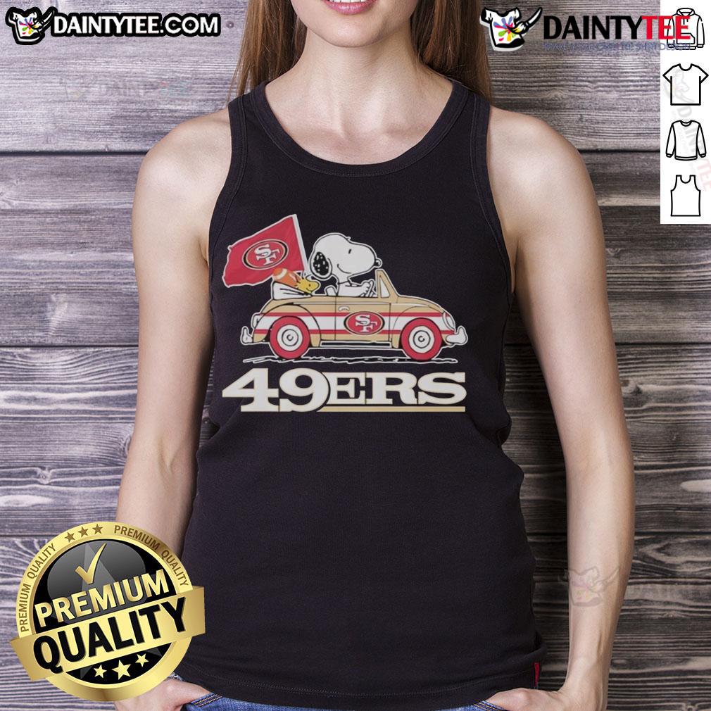 Official San Francisco 49Ers X Snoopy With Woodstock Driving A Car Tank Top Alt Text: Official San Francisco 49ers X Snoopy tank top featuring Snoopy and Woodstock driving a car, perfect for fans.