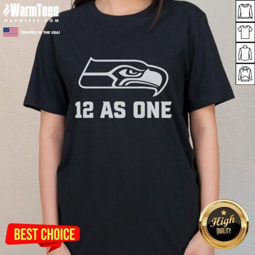 Alt Text: Official Seattle Seahawks 12 As One Ladies Tee featuring team colors and logo, perfect for women's game day attire.