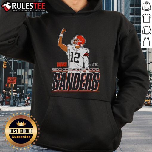 Shedeur Sanders Cleveland Browns Believe Signature hoodie with raised fist design, showcasing team spirit and style.