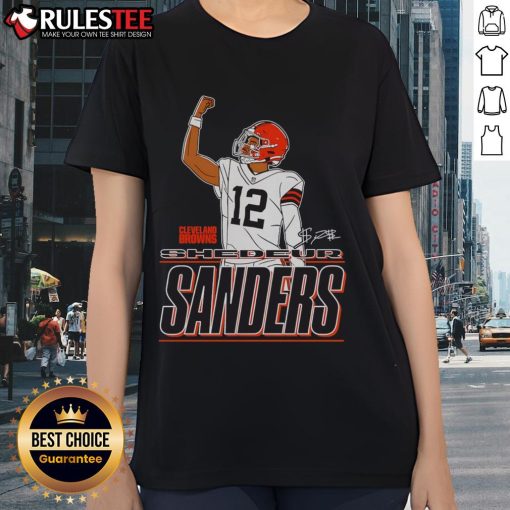 Alt Text: Shedeur Sanders Cleveland Browns Believe signature ladies tee featuring a raised fist design for fans.