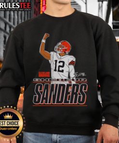 Shedeur Sanders Cleveland Browns sweatshirt with 'Believe' signature and fist design, perfect for fans.