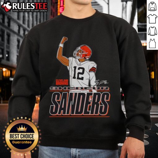 Shedeur Sanders Cleveland Browns sweatshirt with 'Believe' signature and fist design, perfect for fans.