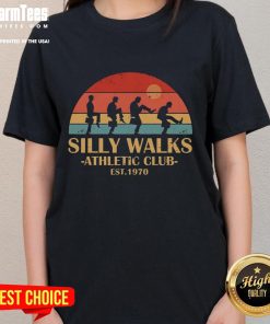 Vintage sunset ladies tee from Official Silly Walks Athletic Club, est. 1970, showcasing a playful design and retro style.