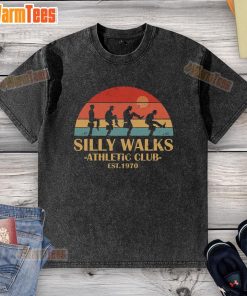 Vintage sunset-washed t-shirt for Official Silly Walks Athletic Club, est. 1970, featuring whimsical design and retro style.