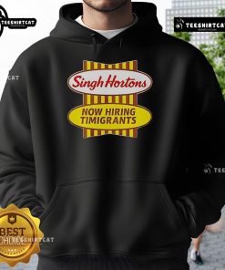 Official Singh Hortons Now Hiring Timigrants logo on a stylish hoodie, promoting job opportunities for immigrants.